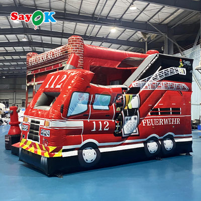 सायक फायर स्टेशन थीम्ड inflatable bounce combo inflatable fire truck बच्चों के लिए ब्यूसी कैसल स्लाइड
