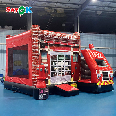 सायक फायर स्टेशन थीम्ड inflatable bounce combo inflatable fire truck बच्चों के लिए ब्यूसी कैसल स्लाइड